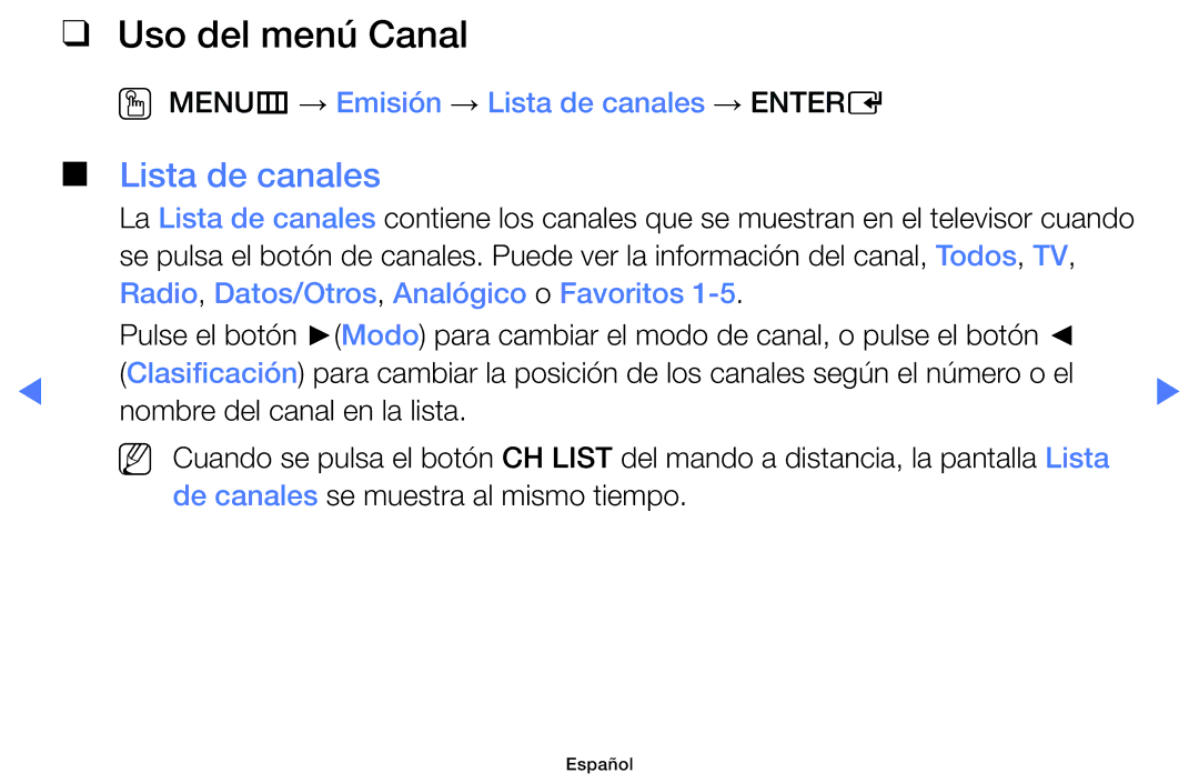 Samsung UE42F5000AWXXH, UE46F5000AWXXH manual Uso del menú Canal, OO MENUm → Emisión → Lista de canales → Entere 