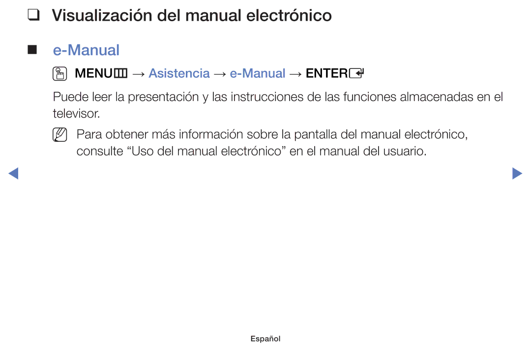 Samsung UE40F5000AWXXC, UE46F5000AWXXH Visualización del manual electrónico, OO MENUm → Asistencia → e-Manual → Entere 