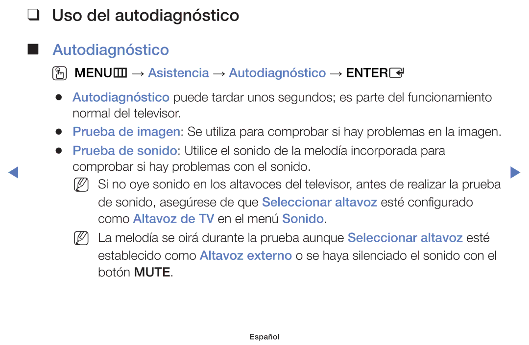 Samsung UE46F5070SSXXH, UE46F5000AWXXH manual Uso del autodiagnóstico, OO MENUm → Asistencia → Autodiagnóstico → Entere 