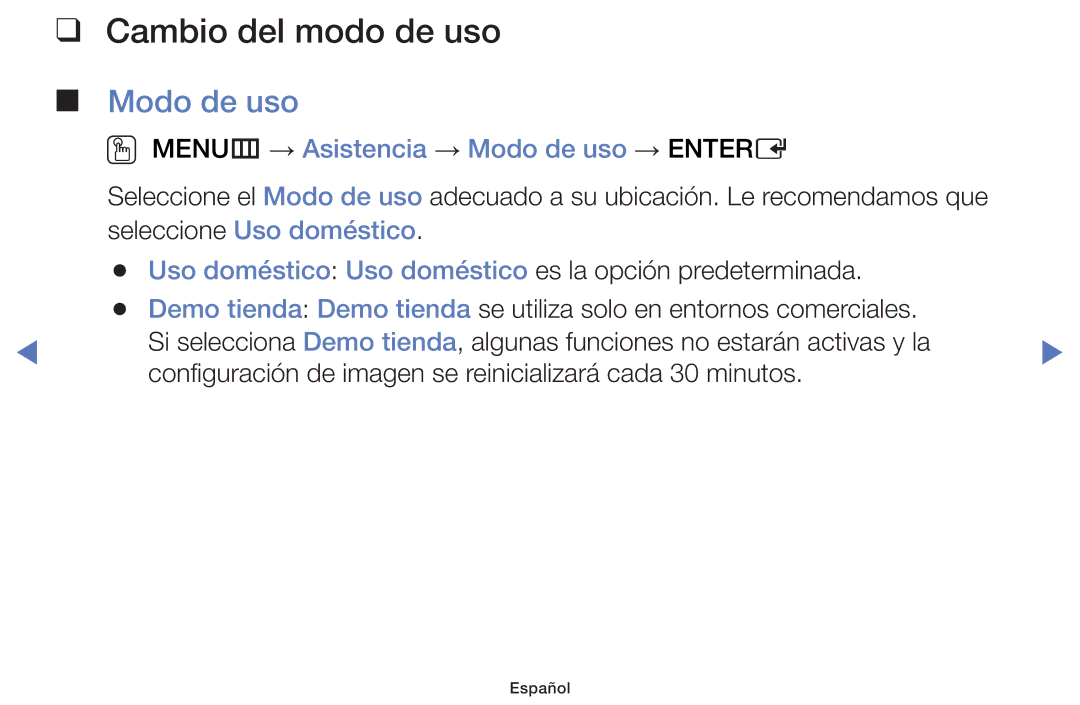 Samsung UE39F5000AWXXC, UE46F5000AWXXH manual Cambio del modo de uso, OO MENUm → Asistencia → Modo de uso → Entere 