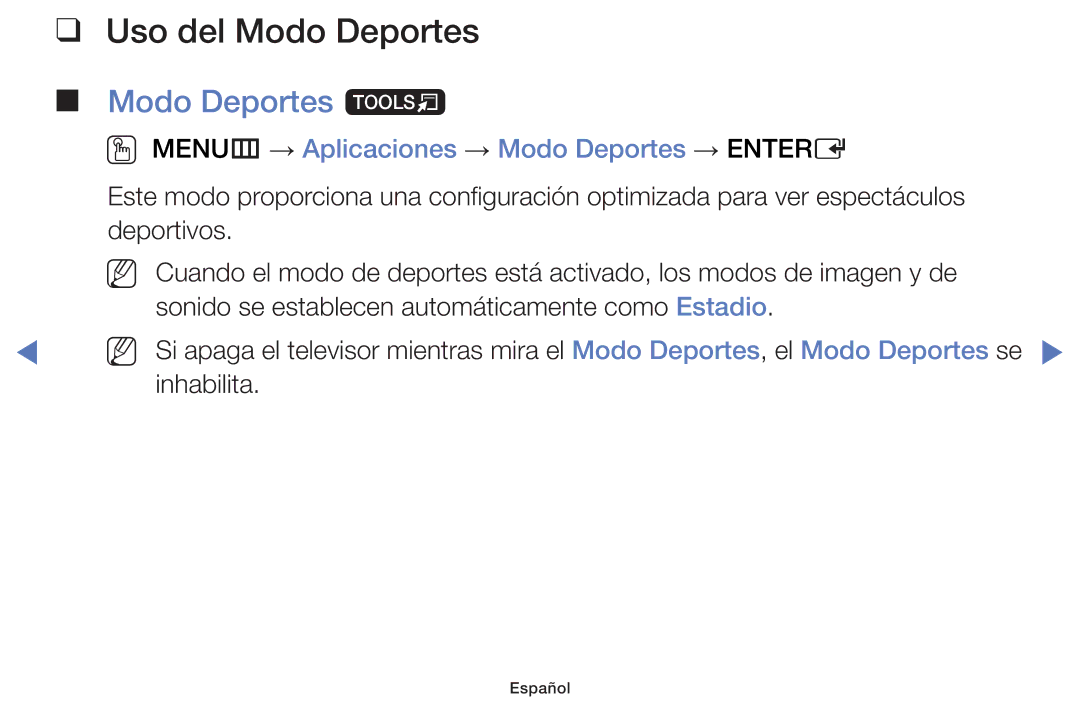 Samsung UE42F5000AWXXC manual Uso del Modo Deportes, Modo Deportes t, OO MENUm → Aplicaciones → Modo Deportes → Entere 