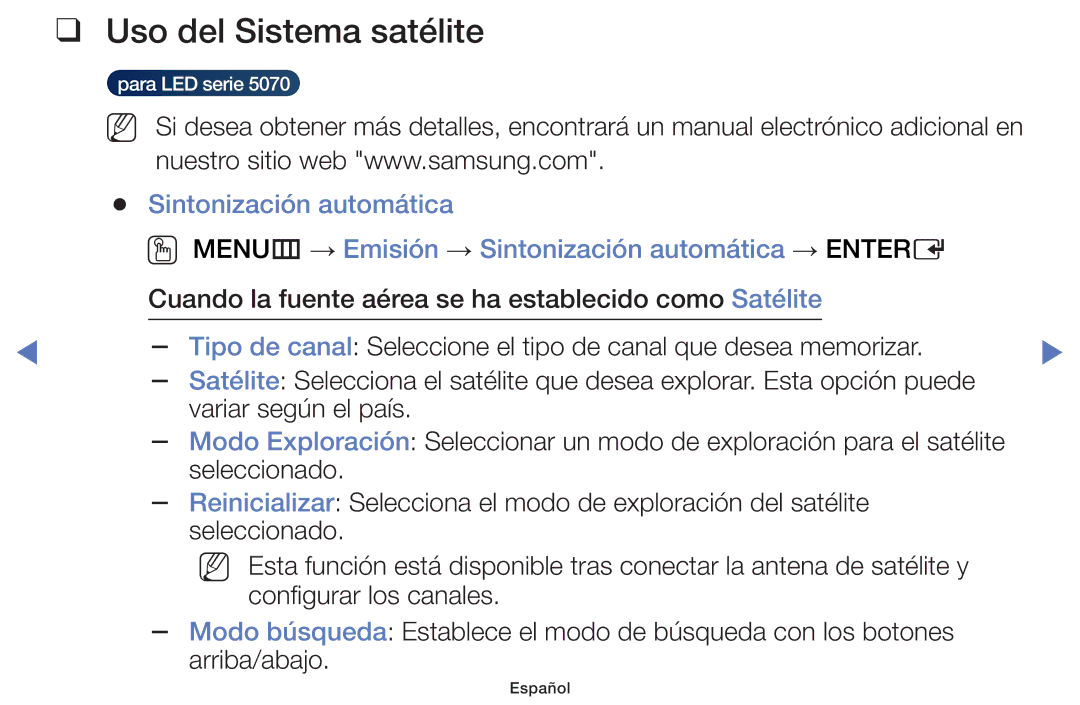 Samsung UE32F5000AWXXH, UE46F5000AWXXH, UE42F5000AWXXC, UE32F5000AWXXC, UE40F5070SSXZG manual Uso del Sistema satélite 