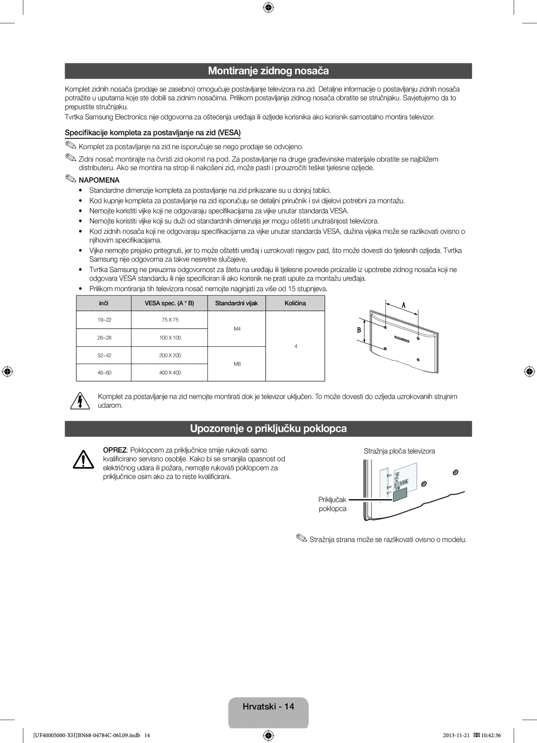 Samsung UE50F5000AWXBT manual Montiranje zidnog nosača, Upozorenje o priključku poklopca, Stražnja ploča televizora 