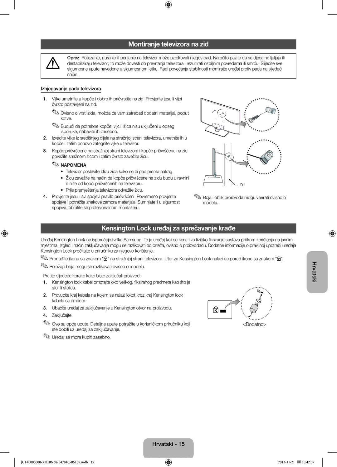 Samsung UE32F4000AWXBT, UE46F5000AWXXH manual Montiranje televizora na zid, Kensington Lock uređaj za sprečavanje krađe 