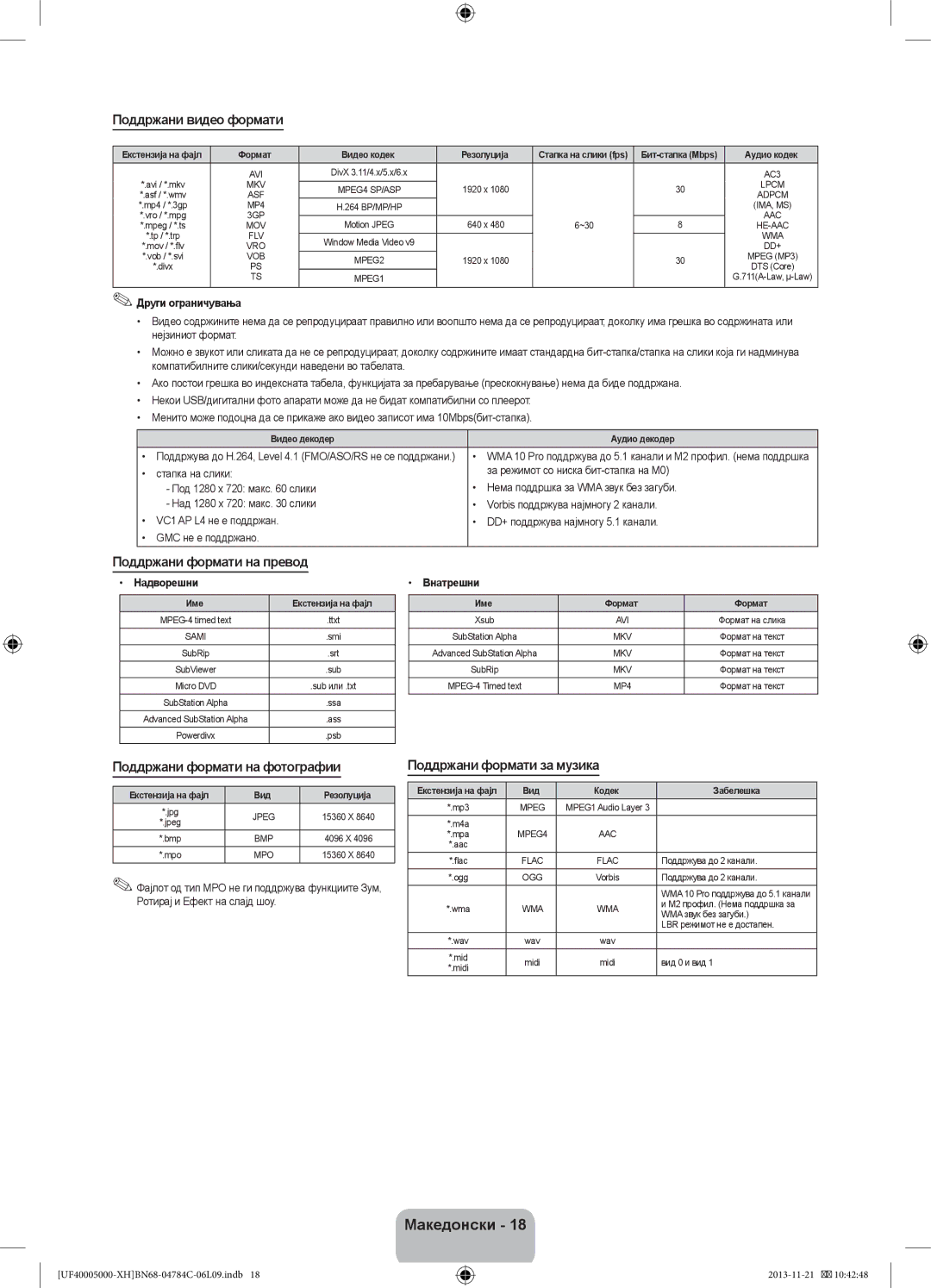 Samsung UE32F5000AWXBT manual Поддржани видео формати, Поддржани формати на превод, Поддржани формати на фотографии 