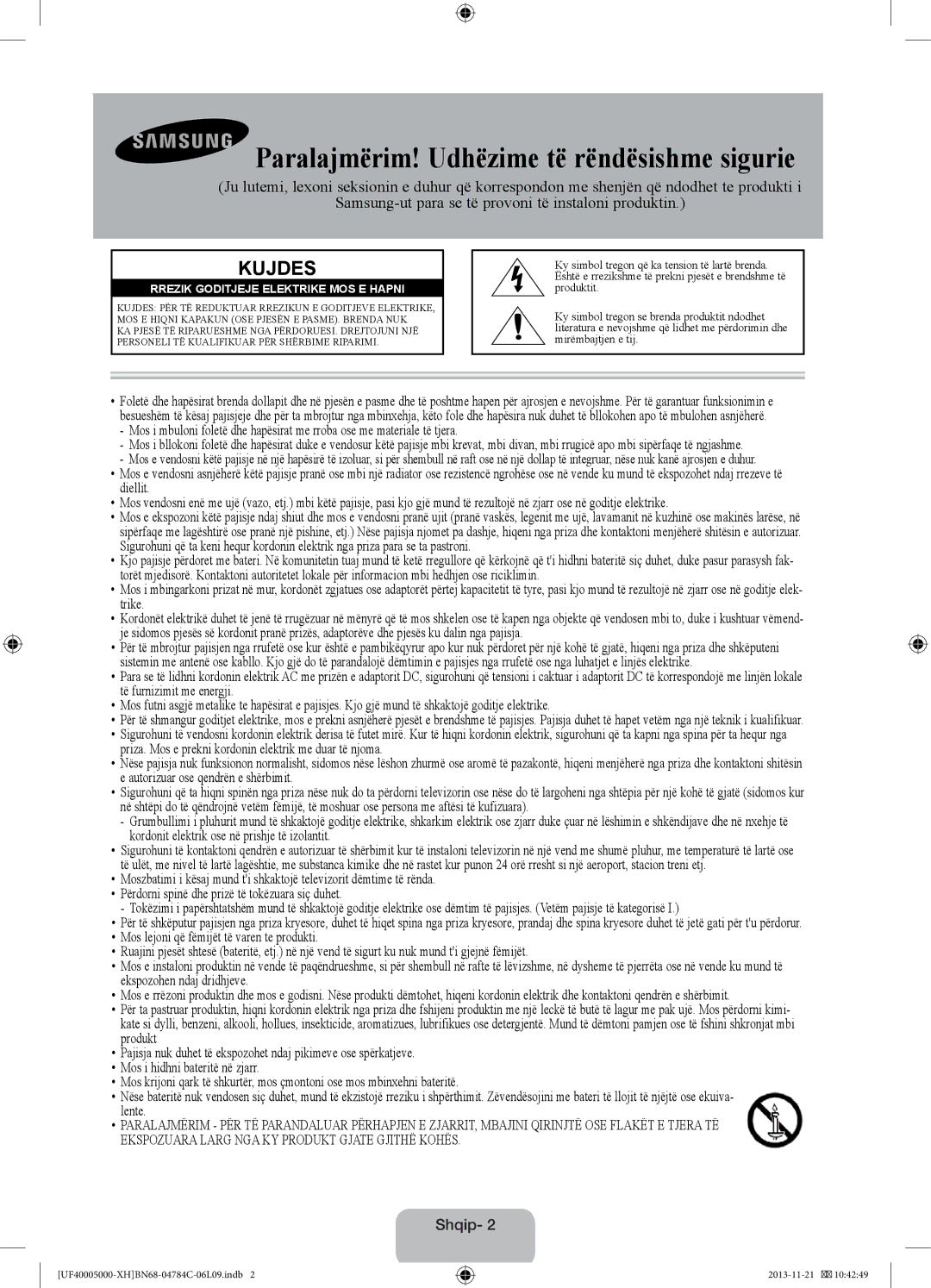 Samsung UE39F5000AWXXC, UE46F5000AWXXH, UE42F5000AWXXC, UE32F5000AWXXH Paralajmërim! Udhëzime të rëndësishme sigurie, Shqip 