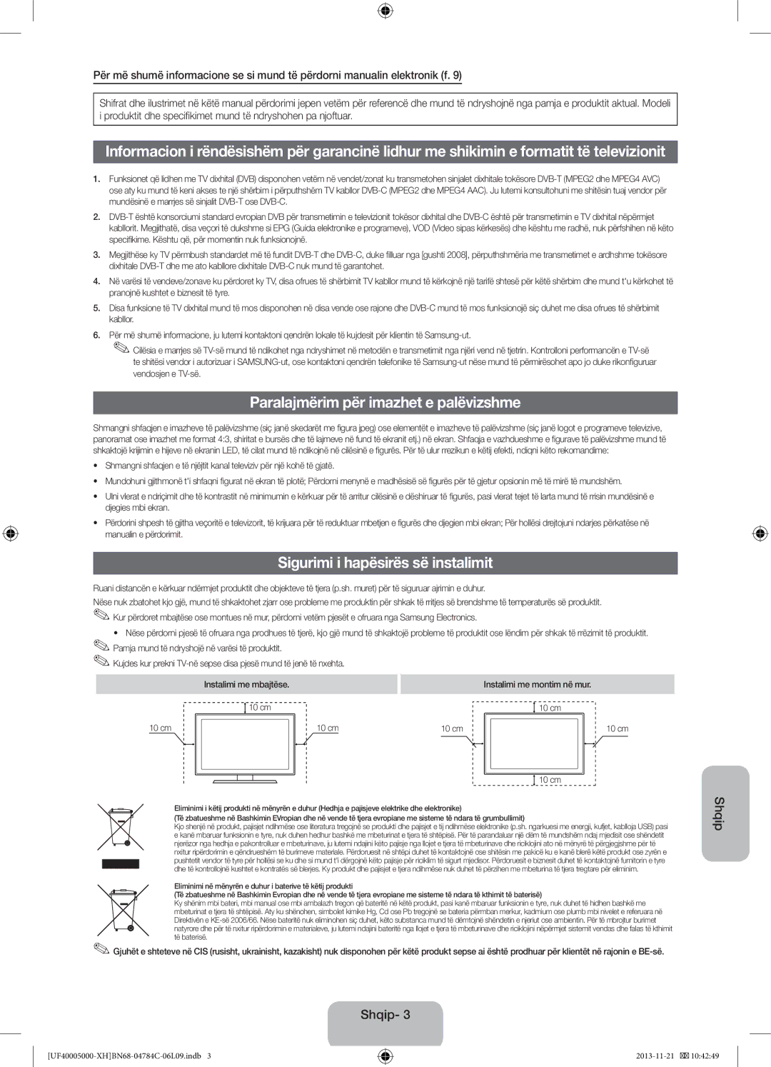 Samsung UE50F5000AWXXH, UE46F5000AWXXH manual Paralajmërim për imazhet e palëvizshme, Sigurimi i hapësirës së instalimit 