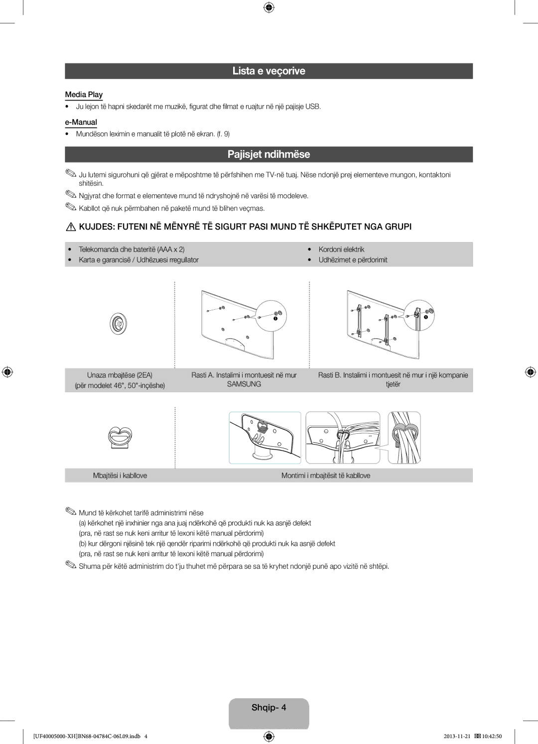 Samsung UE46F5000AWXBT Lista e veçorive, Pajisjet ndihmëse, Mundëson leximin e manualit të plotë në ekran. f 