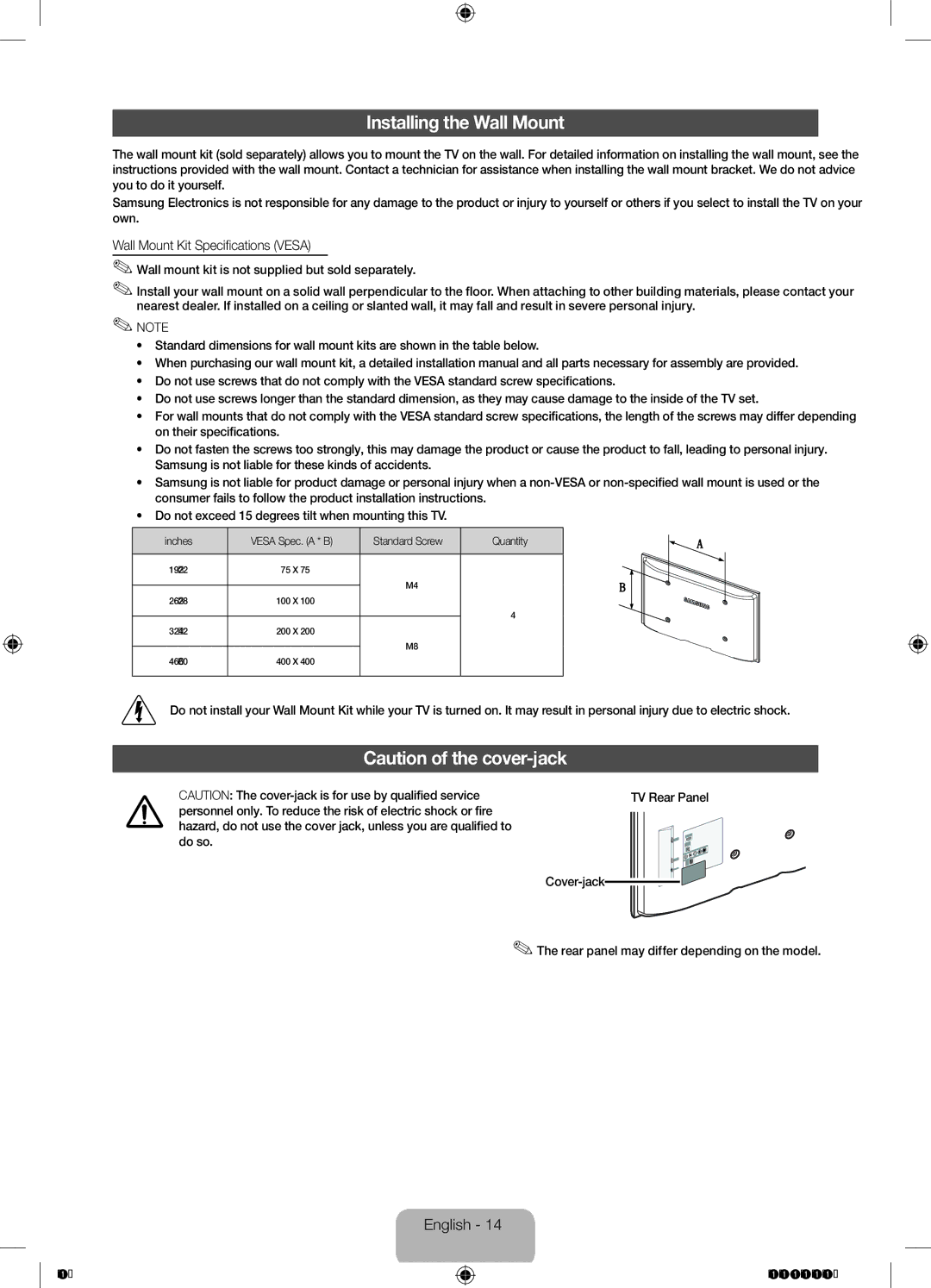 Samsung UE46F5000AWXZF, UE46F5000AWXXH, UE42F5000AWXXC manual Installing the Wall Mount, Wall Mount Kit Specifications Vesa 