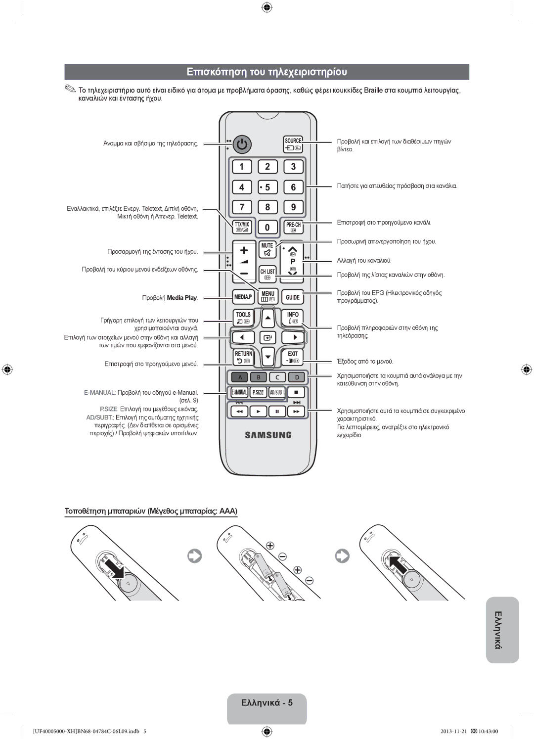 Samsung UE46F5000AWXZF, UE46F5000AWXXH manual Επισκόπηση του τηλεχειριστηρίου, Τοποθέτηση μπαταριών Μέγεθος μπαταρίας AAA 