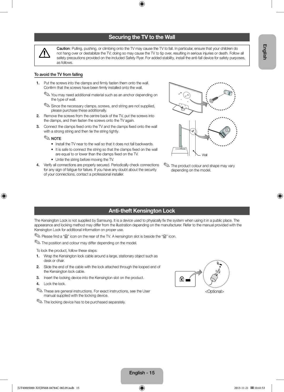 Samsung UE42F5000AWXZF manual Securing the TV to the Wall, Anti-theft Kensington Lock, To avoid the TV from falling 