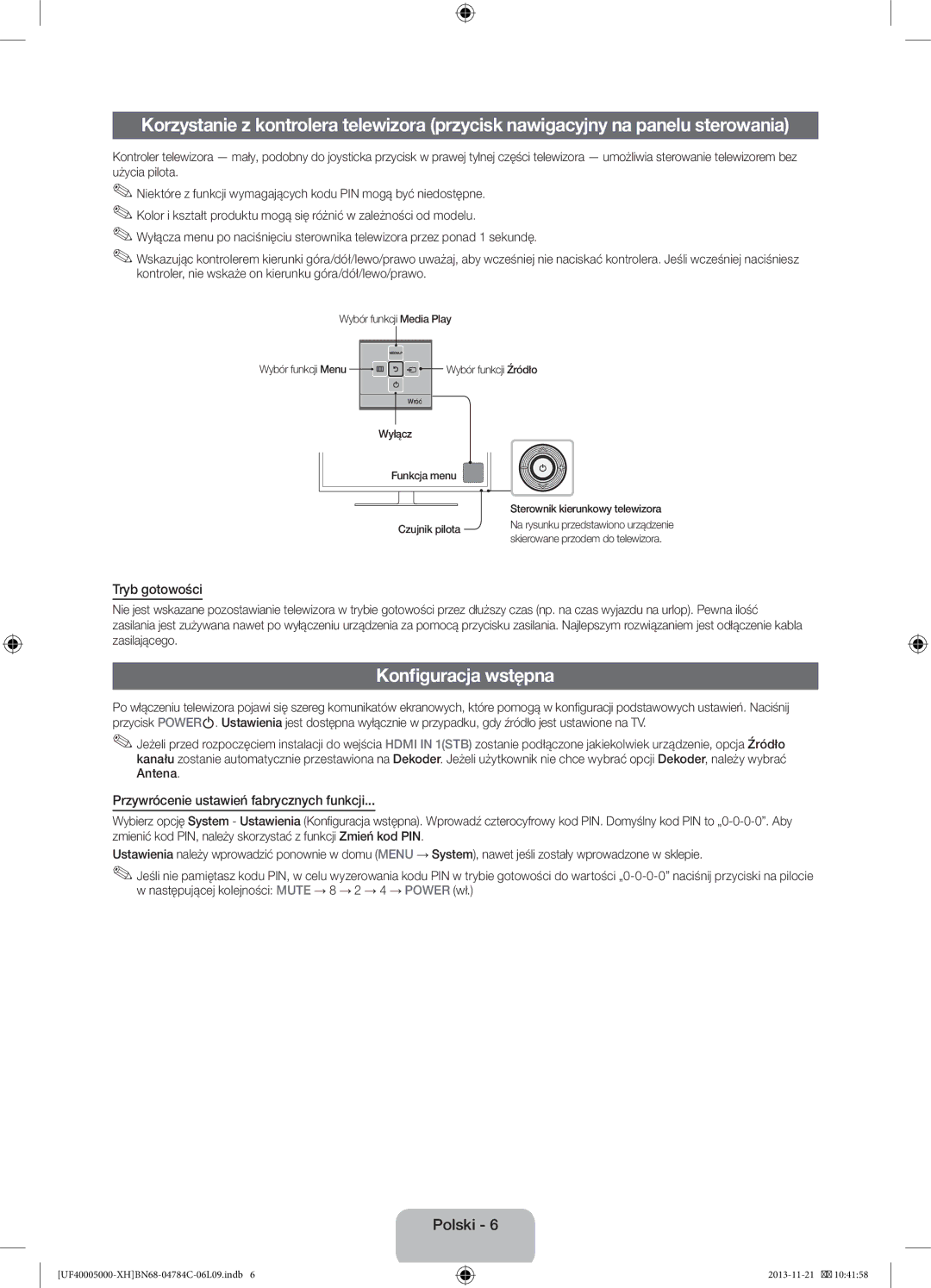 Samsung UE32F4000AWXBT, UE46F5000AWXXH Konfiguracja wstępna, Tryb gotowości, Przywrócenie ustawień fabrycznych funkcji 