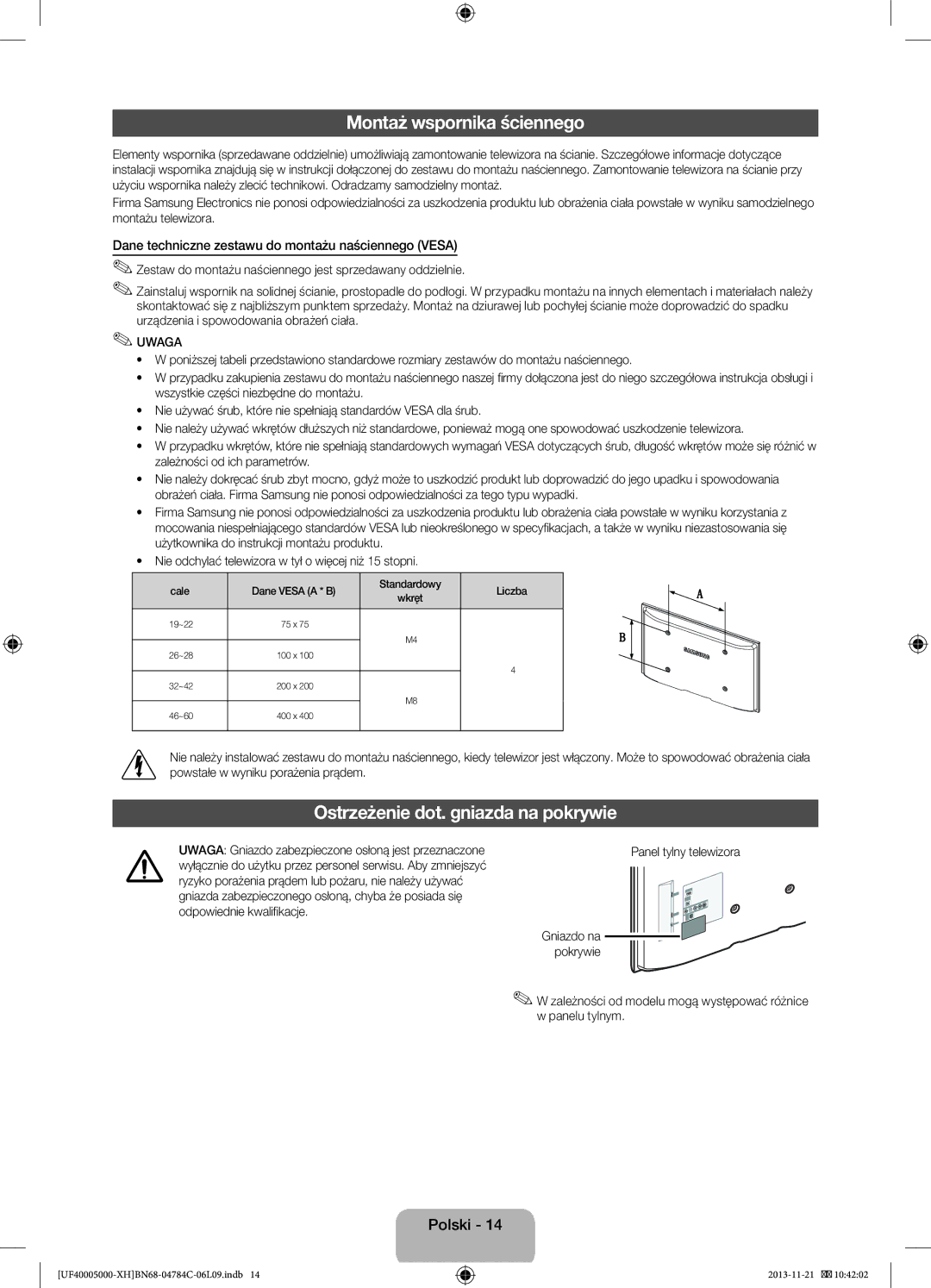 Samsung UE46F5000AWXZG Montaż wspornika ściennego, Ostrzeżenie dot. gniazda na pokrywie, Panel tylny telewizora, Pokrywie 