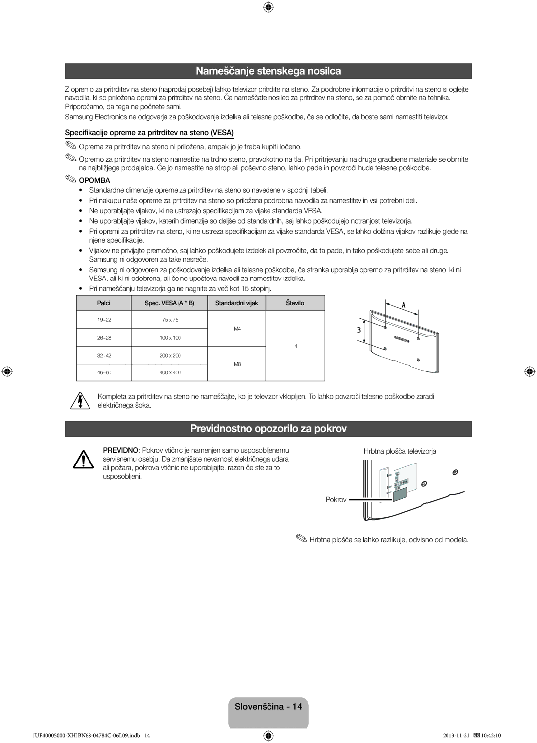 Samsung UE50F5000AWXBT manual Nameščanje stenskega nosilca, Previdnostno opozorilo za pokrov, Hrbtna plošča televizorja 