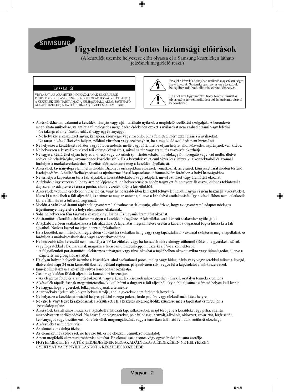 Samsung UE32F5000AWXXH, UE46F5000AWXXH, UE42F5000AWXXC, UE32F5000AWXZG Figyelmeztetés! Fontos biztonsági előírások, Magyar 