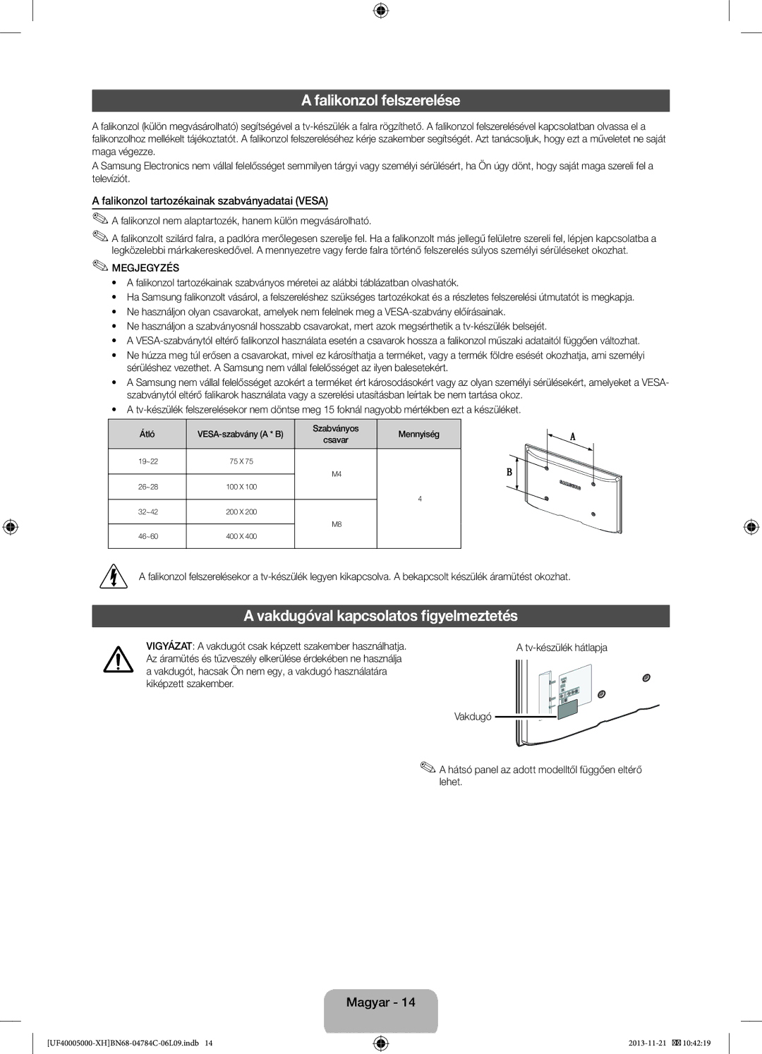 Samsung UE46F5000AWXZF, UE46F5000AWXXH, UE42F5000AWXXC manual Falikonzol felszerelése, Vakdugóval kapcsolatos figyelmeztetés 