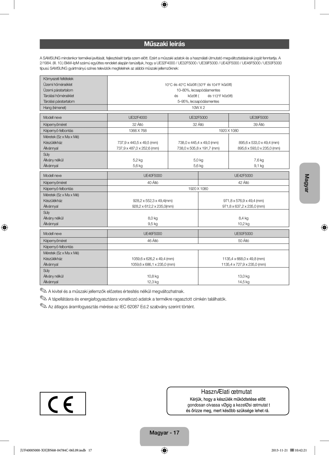 Samsung UE32F4000AWXZT, UE46F5000AWXXH, UE42F5000AWXXC manual Műszaki leírás, Gondosan olvassa végig a kezelési útmutatót 