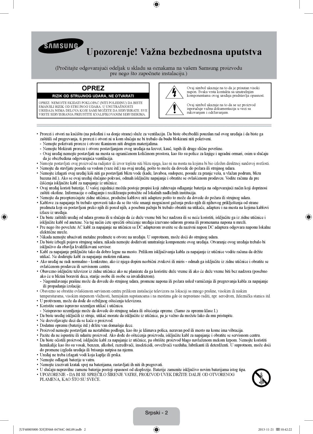 Samsung UE39F5000AWXXC, UE46F5000AWXXH, UE42F5000AWXXC, UE32F5000AWXXH manual Upozorenje! Važna bezbednosna uputstva, Srpski 