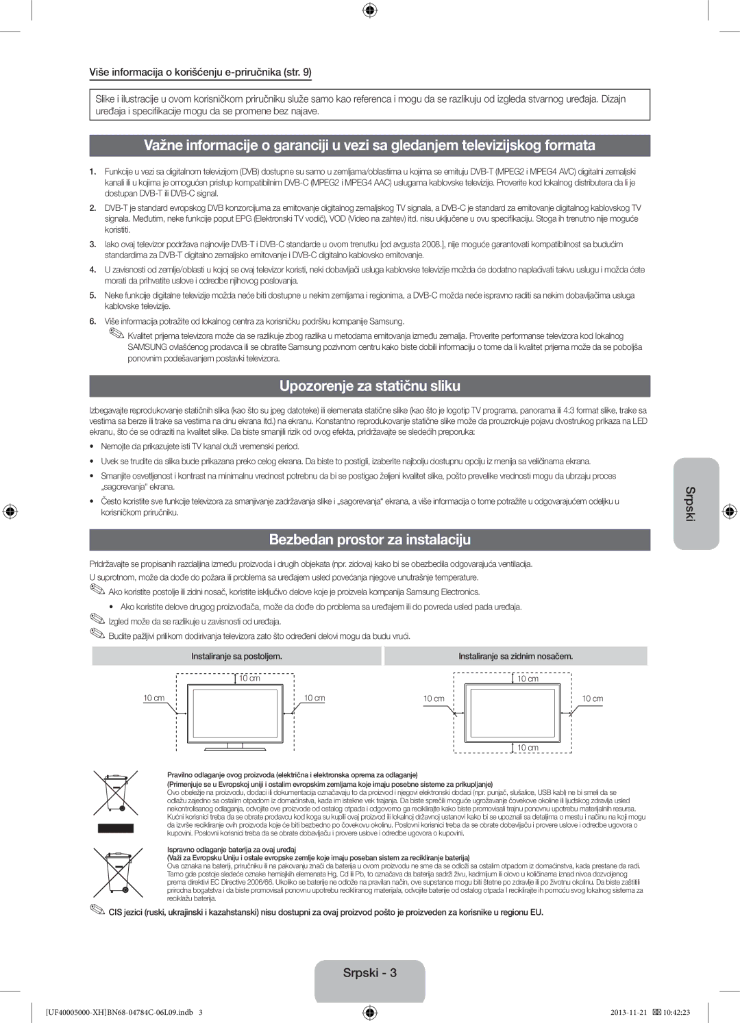 Samsung UE50F5000AWXXH, UE46F5000AWXXH, UE42F5000AWXXC manual Upozorenje za statičnu sliku, Bezbedan prostor za instalaciju 