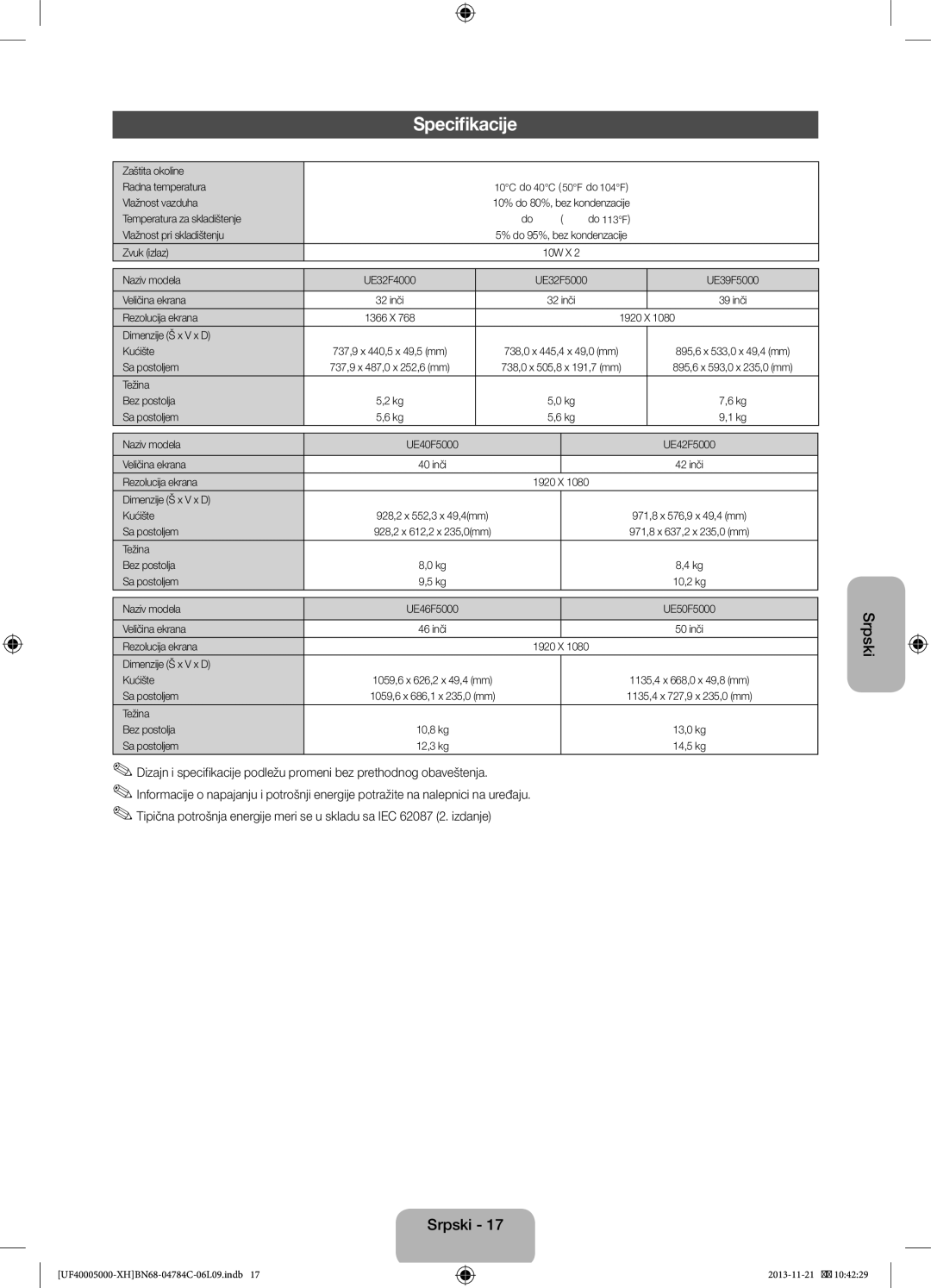 Samsung UE39F5000AWXXH manual Zaštita okoline Radna temperatura, Vlažnost vazduha, Temperatura za skladištenje, Zvuk izlaz 