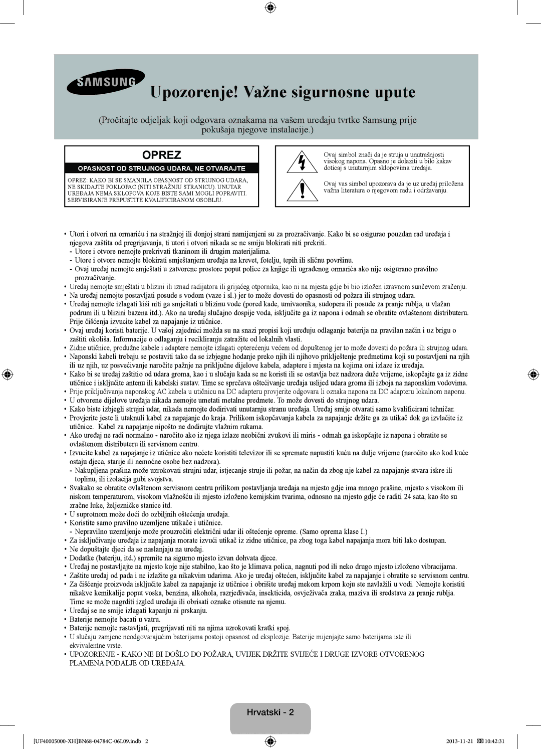 Samsung UE32F4000AWXZF, UE46F5000AWXXH, UE42F5000AWXXC, UE32F5000AWXXH manual Upozorenje! Važne sigurnosne upute, Hrvatski 