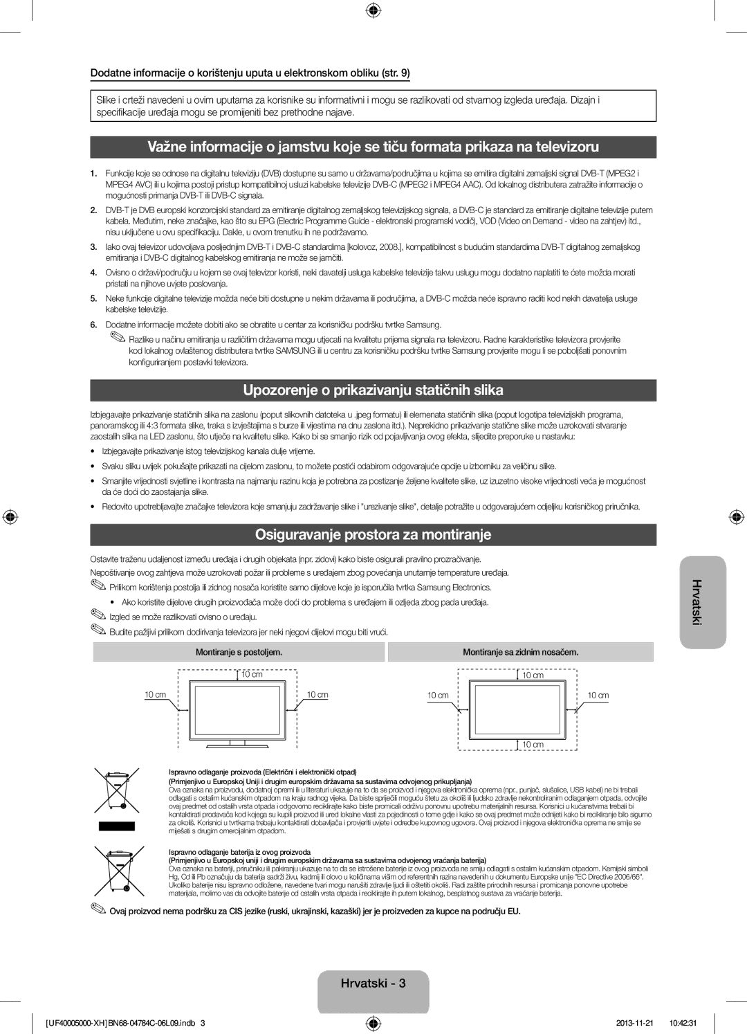 Samsung UE32F5000AWXZF, UE46F5000AWXXH manual Upozorenje o prikazivanju statičnih slika, Osiguravanje prostora za montiranje 