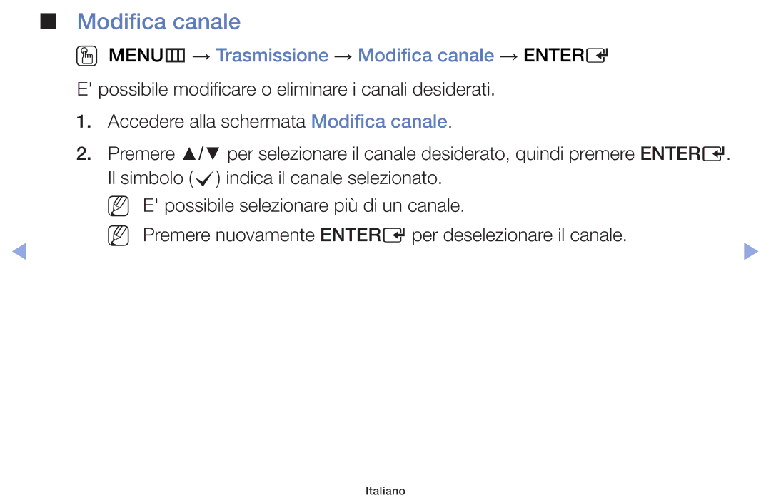 Samsung UE39F5000AKXZT, UE46F5000AWXXH, UE42F5000AWXXC manual OO MENUm → Trasmissione → Modifica canale → Entere 