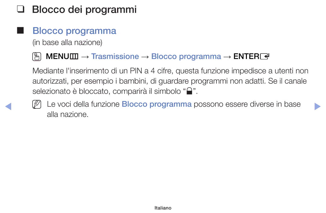 Samsung UE42F5000AWXXC, UE46F5000AWXXH manual Blocco dei programmi, OO MENUm → Trasmissione → Blocco programma → Entere 