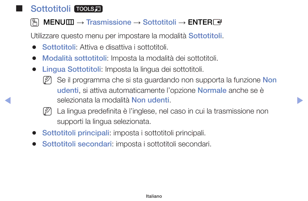 Samsung UE32F5000AWXZF, UE46F5000AWXXH, UE42F5000AWXXC manual Sottotitoli t, OO MENUm → Trasmissione → Sottotitoli → Entere 