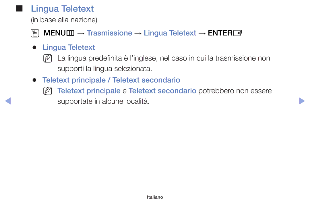 Samsung UE40F6100AKXZT, UE46F5000AWXXH, UE42F5000AWXXC manual OO MENUm → Trasmissione → Lingua Teletext → Entere 