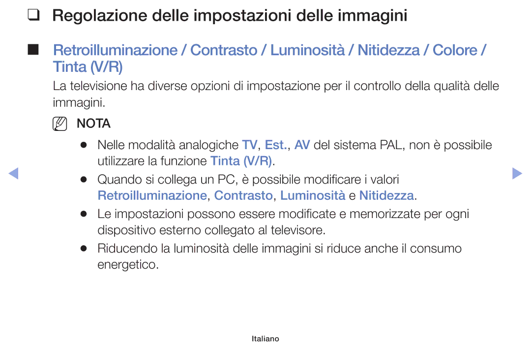 Samsung UE50F5000AKXZT, UE46F5000AWXXH, UE42F5000AWXXC, UE32F5000AWXXH manual Regolazione delle impostazioni delle immagini 