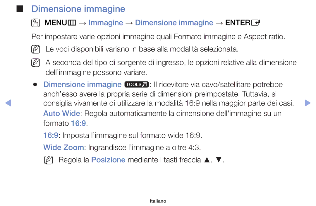 Samsung UE32F5000AWXBT, UE46F5000AWXXH, UE42F5000AWXXC manual OO MENUm → Immagine → Dimensione immagine → Entere 