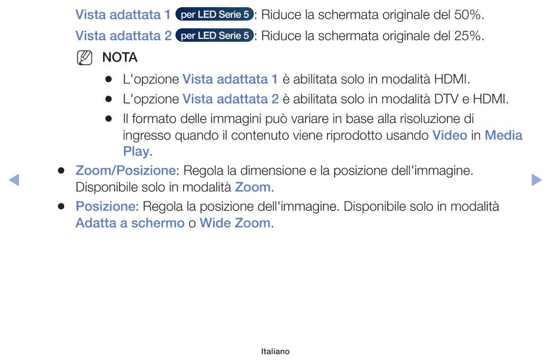 Samsung UE46F5000AKXZT, UE46F5000AWXXH, UE42F5000AWXXC manual Vista adattata 1 Vista adattata, Adatta a schermo o Wide Zoom 