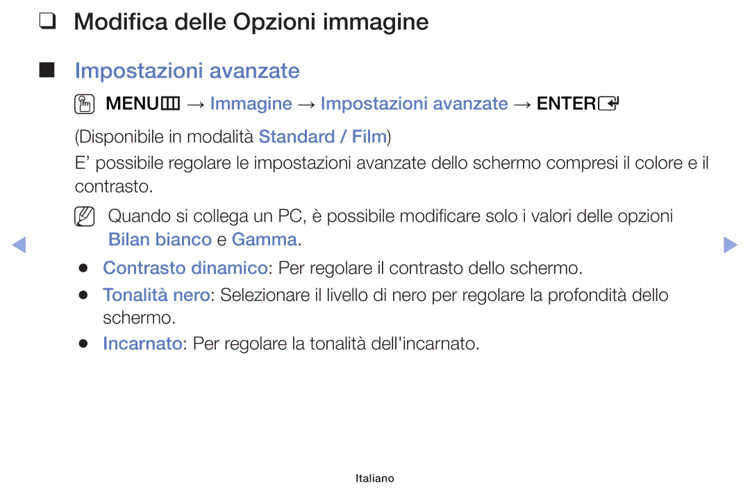 Samsung UE32F5000AWXXH, UE46F5000AWXXH manual Modifica delle Opzioni immagine, Impostazioni avanzate, Bilan bianco e Gamma 