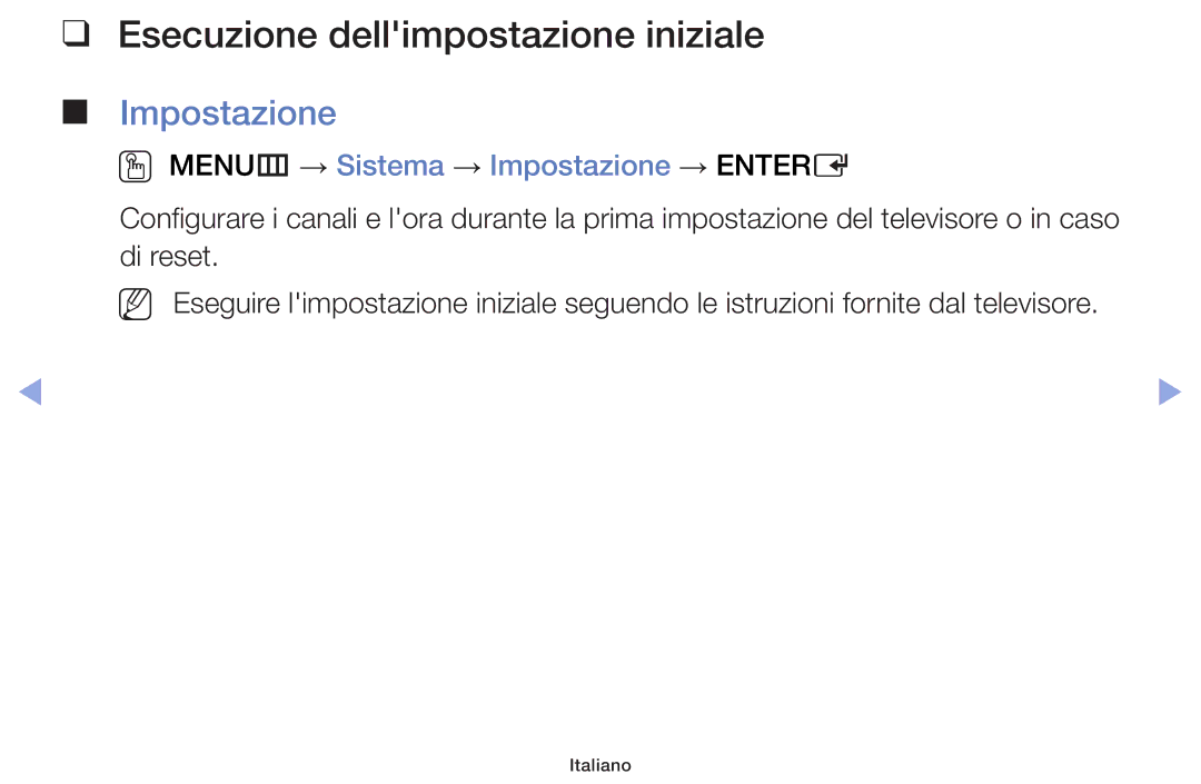 Samsung UE42F5000AKXZT manual Esecuzione dellimpostazione iniziale, OO MENUm → Sistema → Impostazione → Entere 