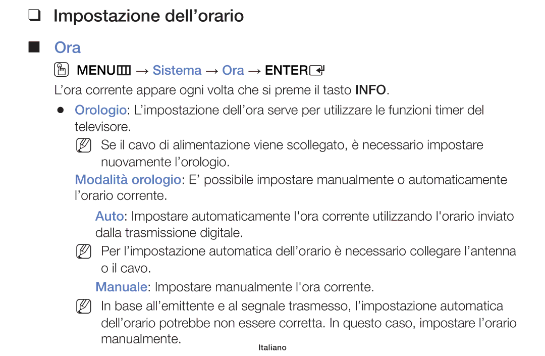 Samsung UE46F5000AKXZT, UE46F5000AWXXH, UE42F5000AWXXC, UE32F5000AWXXH, UE42F5070SSXZG manual Impostazione dell’orario, Ora 