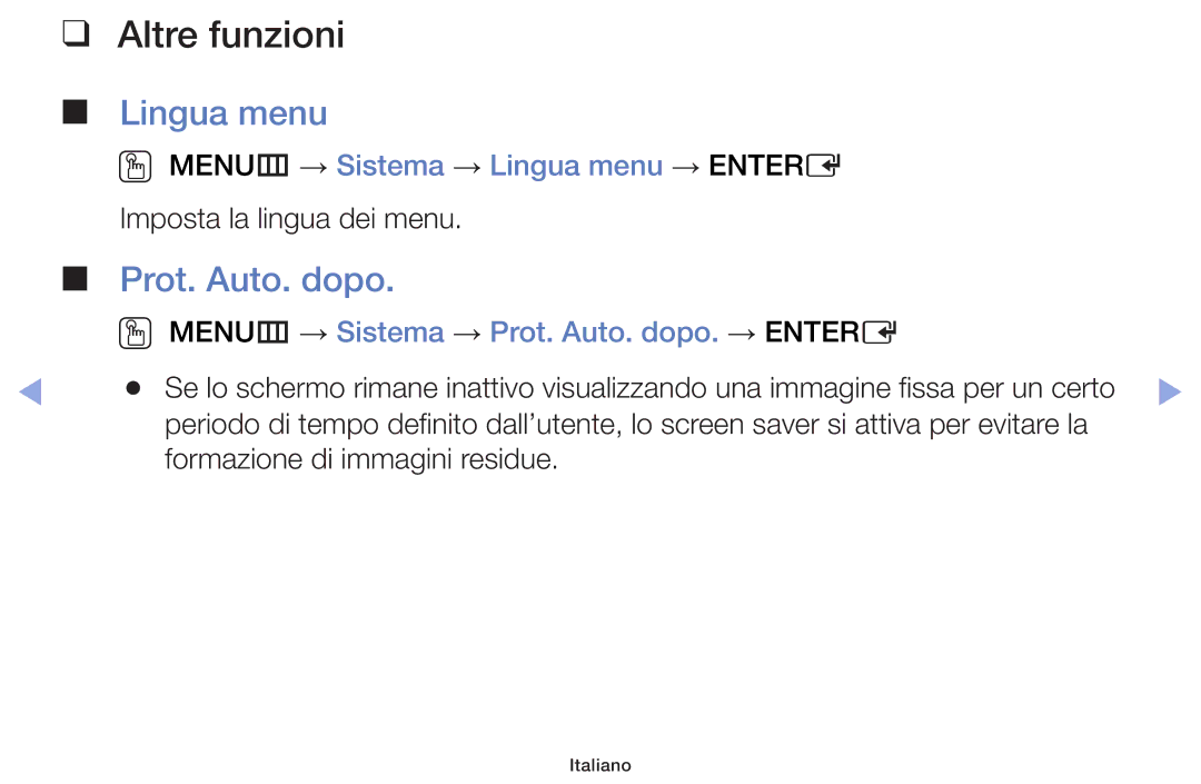 Samsung UE42F5000AWXZF, UE46F5000AWXXH, UE42F5000AWXXC manual Prot. Auto. dopo, OO MENUm → Sistema → Lingua menu → Entere 