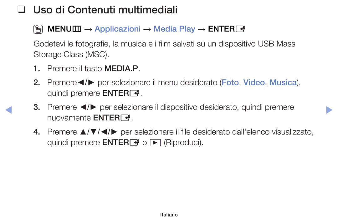 Samsung UE40F5000AKXZT, UE46F5000AWXXH manual Uso di Contenuti multimediali, OO MENUm → Applicazioni → Media Play → Entere 