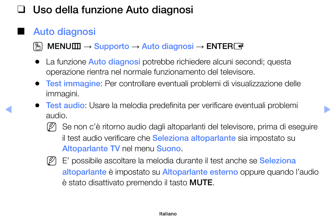 Samsung UE40F6100AKXZT, UE46F5000AWXXH manual Uso della funzione Auto diagnosi, OO MENUm → Supporto → Auto diagnosi → Entere 