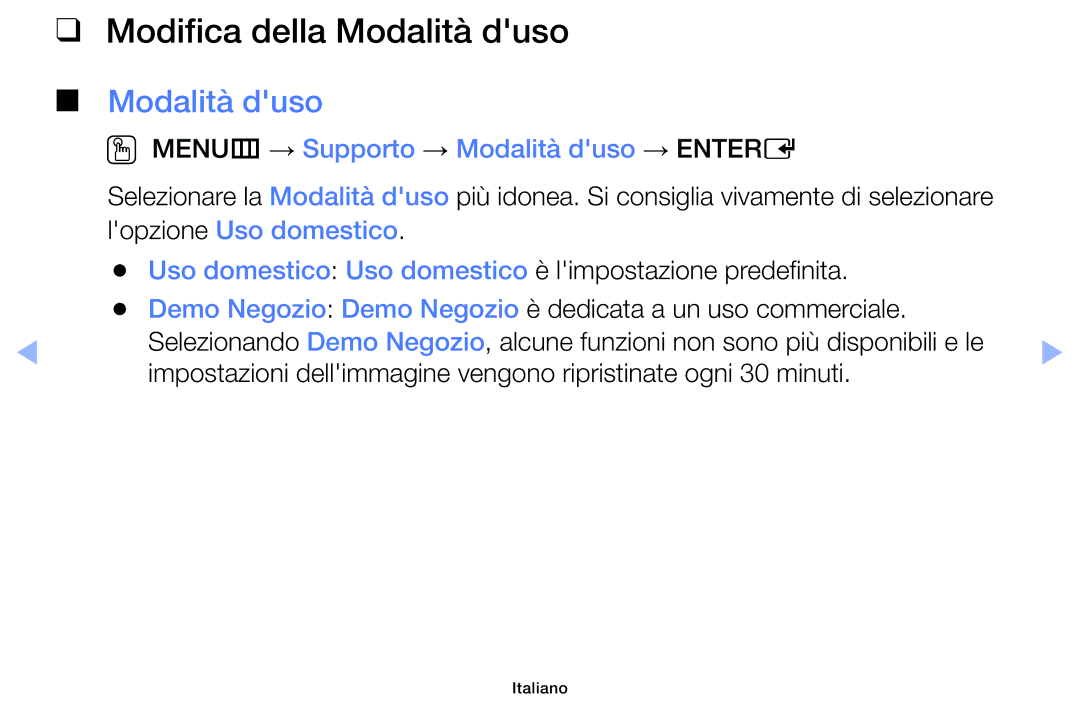 Samsung UE39F5000AKXZT, UE46F5000AWXXH manual Modifica della Modalità duso, OO MENUm → Supporto → Modalità duso → Entere 