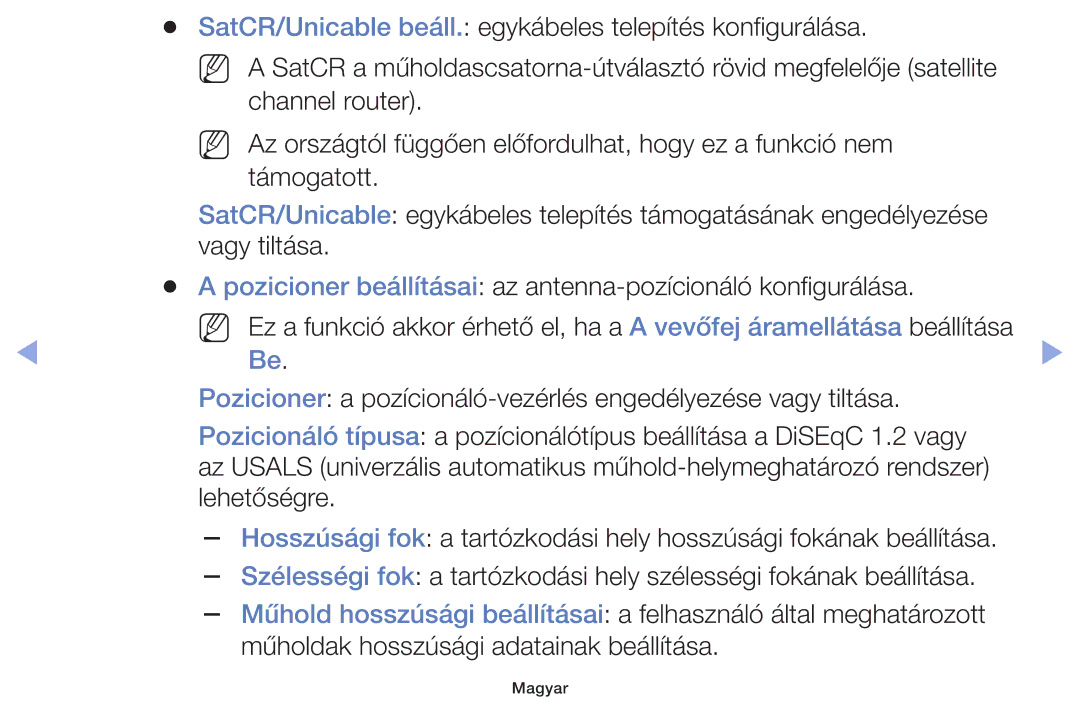 Samsung UE32F4000AWXZT, UE46F5000AWXXH, UE46F5070SSXZG manual SatCR/Unicable beáll. egykábeles telepítés konfigurálása 