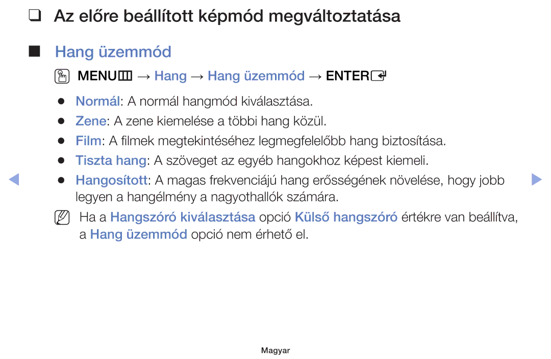 Samsung UE32F4000AWXXH, UE46F5000AWXXH, UE46F5070SSXZG, UE40F5000AWXXH manual OO MENUm → Hang → Hang üzemmód → Entere 