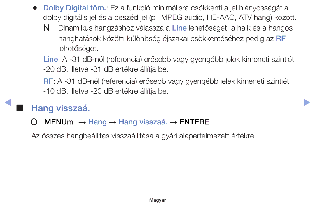 Samsung UE39F5000AWXZF, UE46F5000AWXXH, UE46F5070SSXZG, UE40F5000AWXXH manual OO MENUm → Hang → Hang visszaá. → Entere 