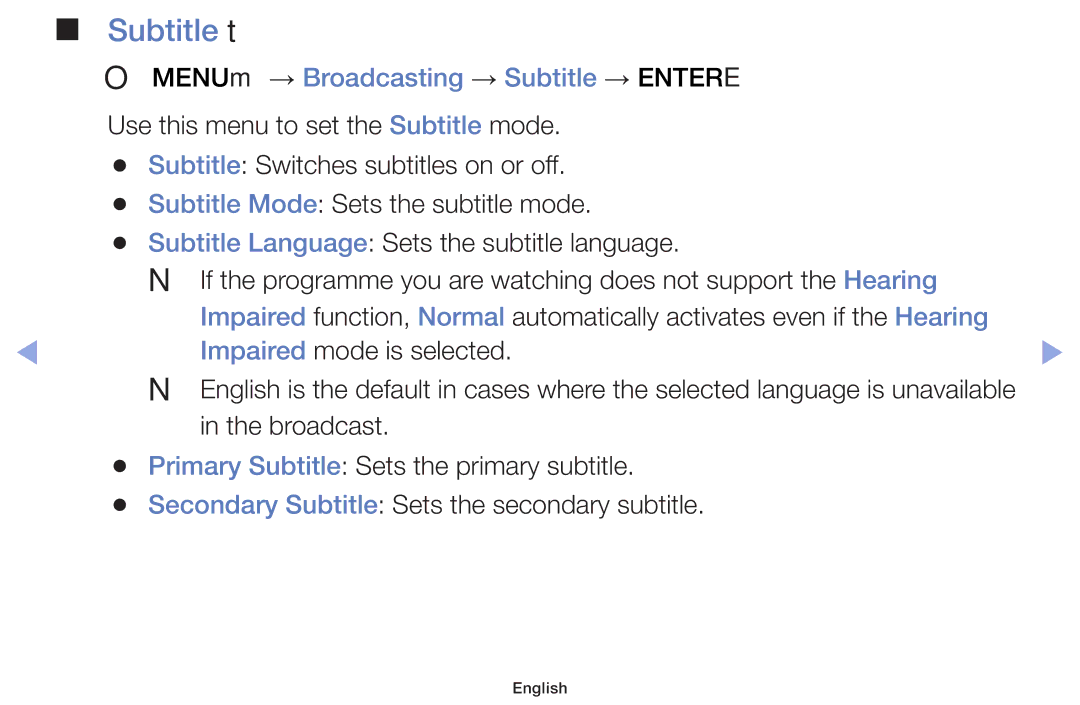 Samsung UE42F5000AWXZG, UE46F5000AWXXH, UE46F5070SSXZG manual Subtitle t, OO MENUm → Broadcasting → Subtitle → Entere 