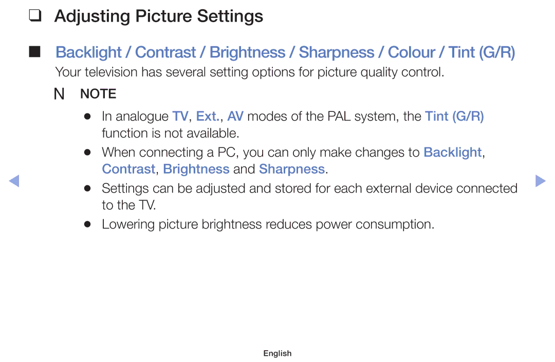 Samsung UE46F5000AWXZF, UE46F5000AWXXH, UE46F5070SSXZG, UE46F5070SSXTK, UE40F5000AWXXH Adjusting Picture Settings, NN Note 