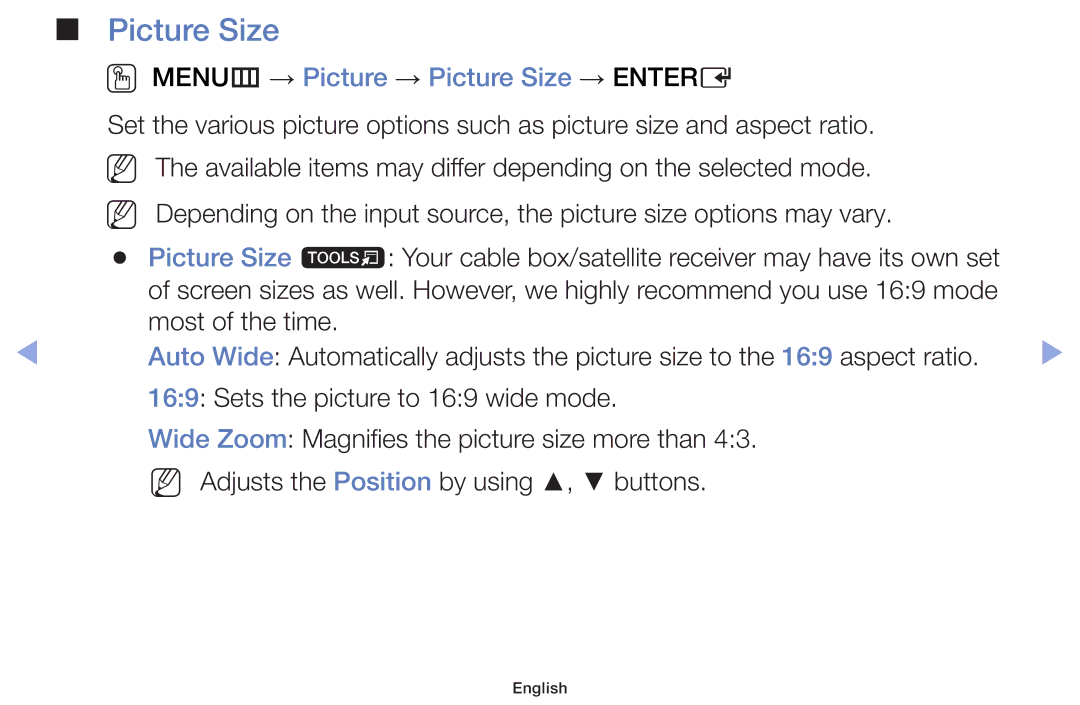 Samsung UE42F5000AWXZF, UE46F5000AWXXH, UE46F5070SSXZG, UE46F5070SSXTK manual OO MENUm → Picture → Picture Size → Entere 