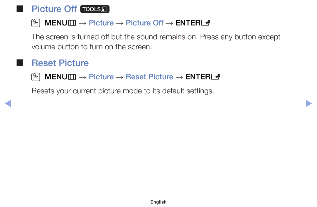 Samsung UE40F5000AKXZT, UE46F5000AWXXH manual Picture Off t, Reset Picture, OO MENUm → Picture → Picture Off → Entere 