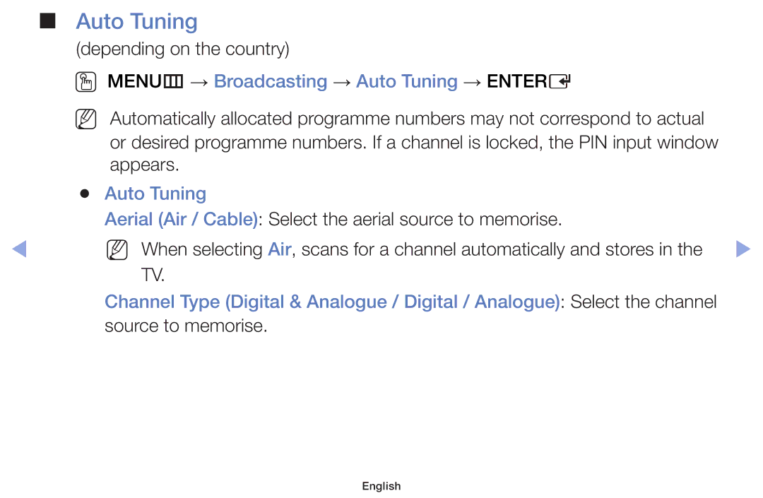 Samsung UE32F5000AWXXN, UE46F5000AWXXH, UE46F5070SSXZG, UE46F5070SSXTK OO MENUm → Broadcasting → Auto Tuning → Entere 