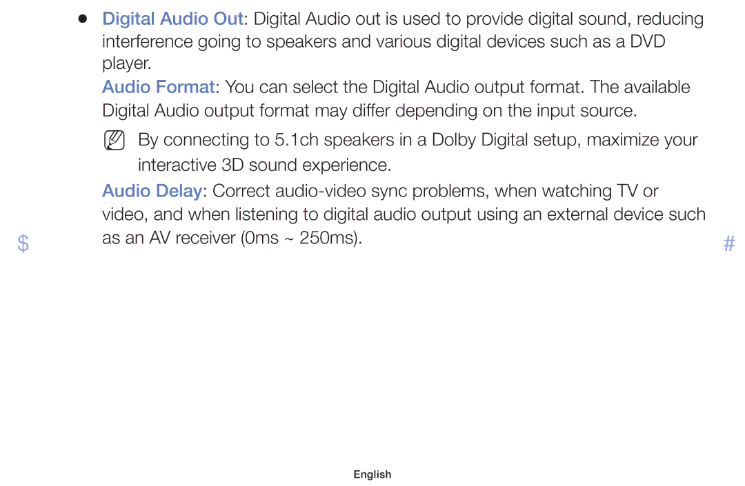 Samsung UE39F5000AWXXC, UE46F5000AWXXH, UE46F5070SSXZG, UE46F5070SSXTK, UE40F5000AWXXH manual As an AV receiver 0ms ~ 250ms 