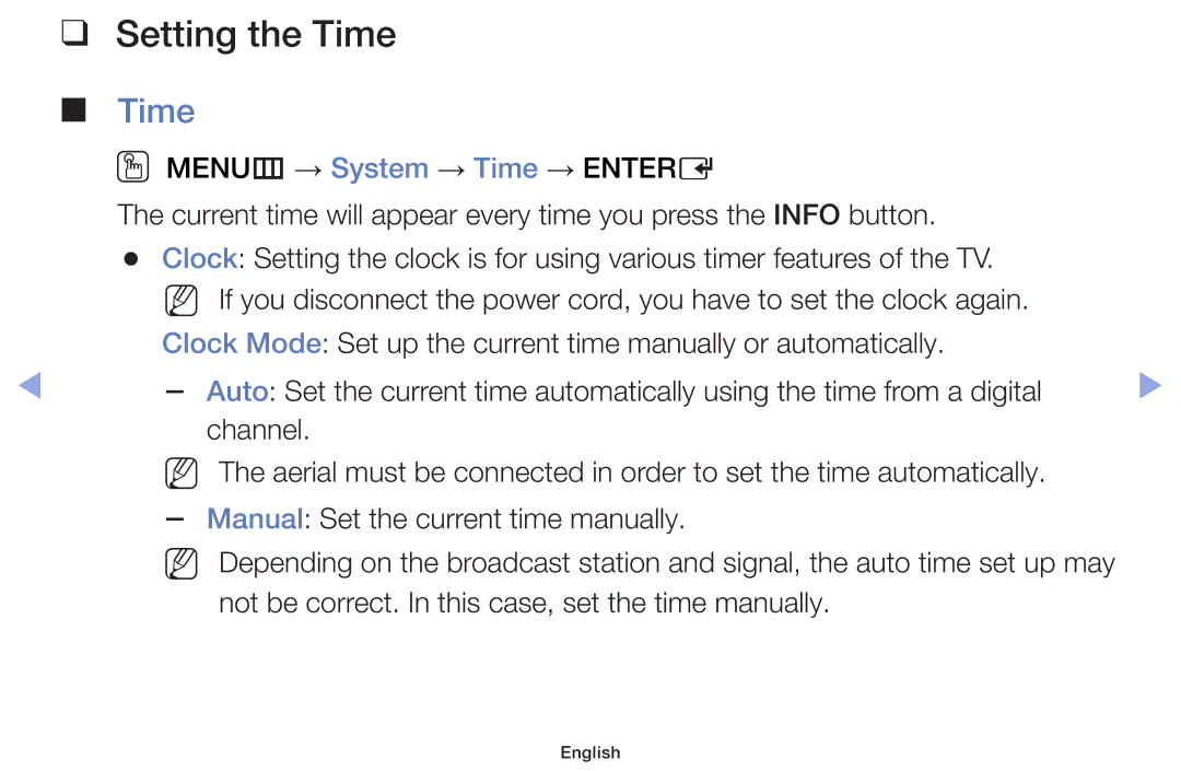 Samsung UE40F5000AWXBT, UE46F5000AWXXH, UE46F5070SSXZG, UE46F5070SSXTK, UE40F5000AWXXH, UE42F5000AWXXC manual Setting the Time 